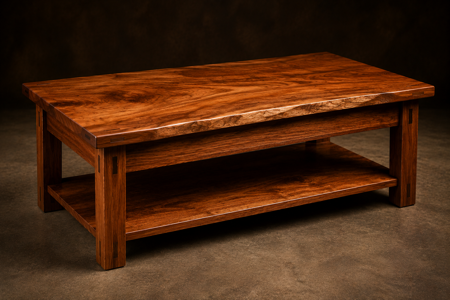 Solid chestnut coffee table with a live-edge top, exposed joinery, and a full-width lower shelf