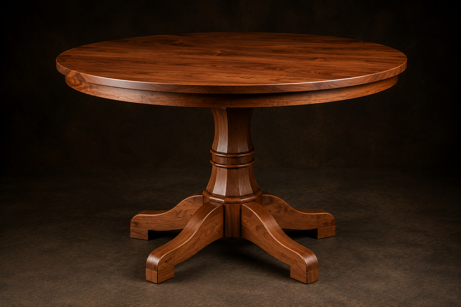 Round hardwood pedestal table with a substantial turned column and four sculpted feet