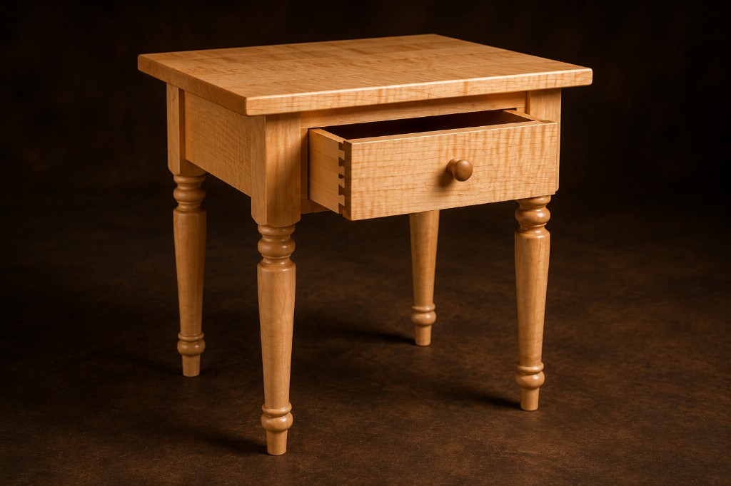 Handcrafted hard maple end table with turned legs and a hand-cut dovetail drawer pulled open