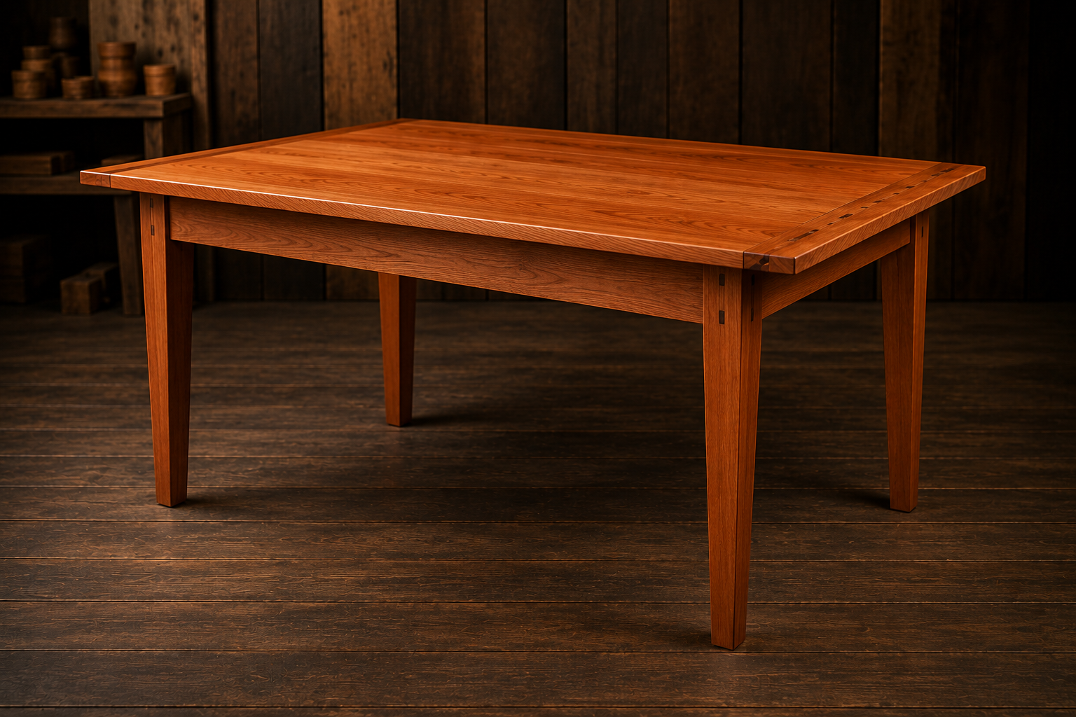 Solid cherry Shaker-style dining table with breadboard ends, tapered legs, and exposed hand-cut joinery